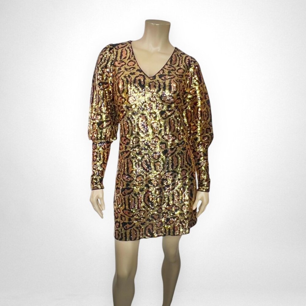 WALTER BAKER Small Sequin Leopard Print Mini Dress With V-Neck & Long Sleeves